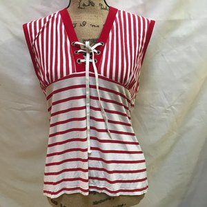 Stripes Sleeveless T-shirt Hoodie Red/White Used